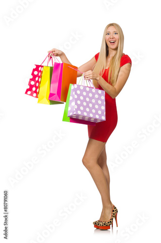 Woman with shopping bags isolated on white