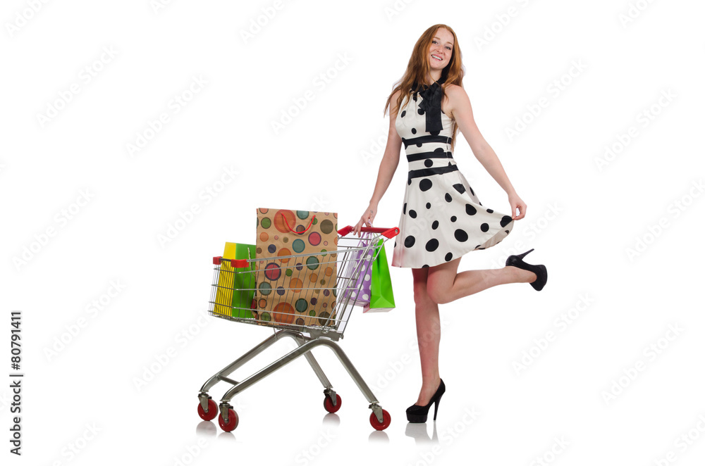 Woman after shopping in the supermarket isolated on white Woman after shopping in the supermarket isolated on white