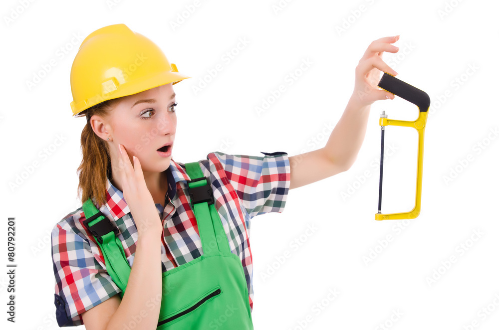 Female handyman in overalls isolated on white Female handyman in overalls isolated on white