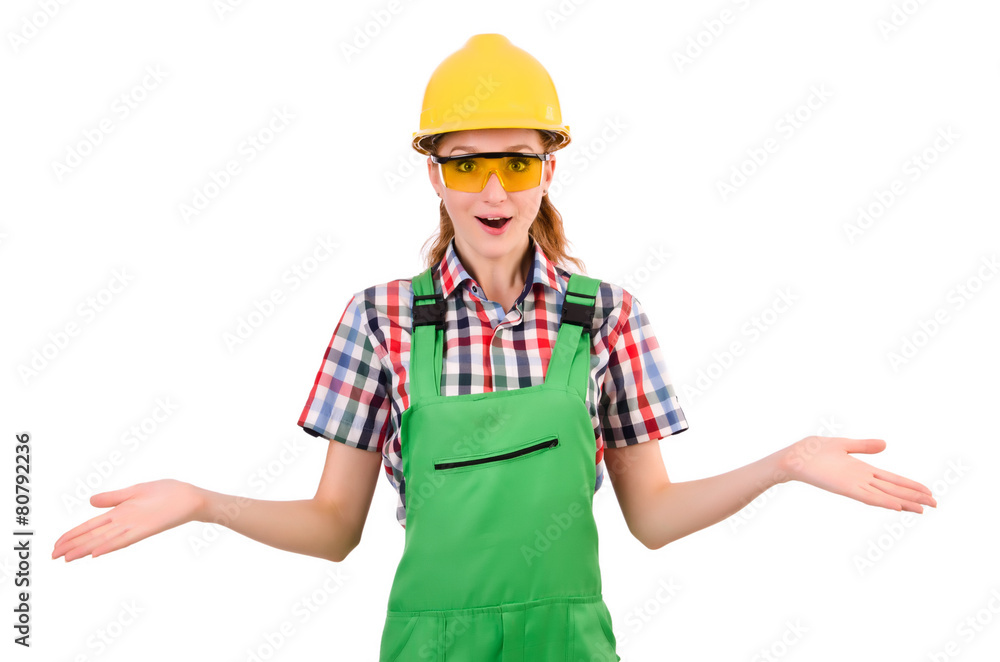 Female handyman in overalls isolated on white Female handyman in overalls isolated on white