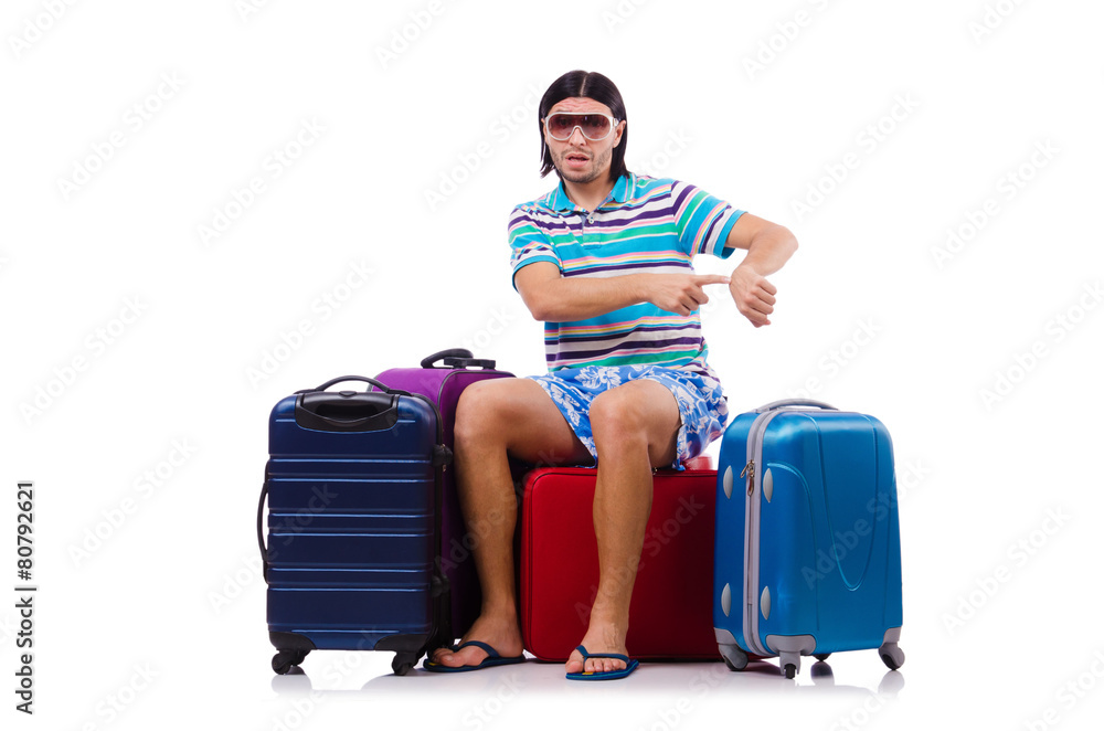 Tourist with bags isolated on white Tourist with bags isolated on white