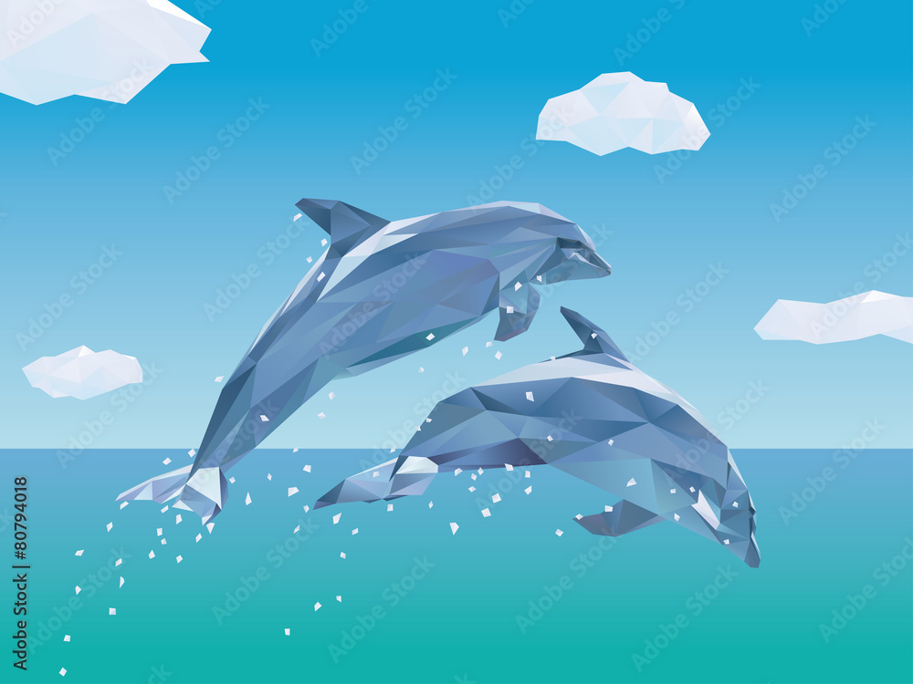 Fototapeta premium Two Low Poly Dolphins jumping Vector Illustration
