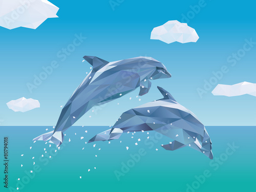 Two Low Poly Dolphins jumping Vector Illustration