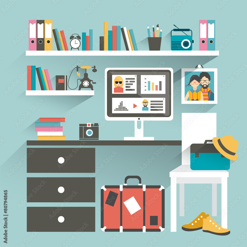 Office workplace with computer and book shelves. Office workplace with computer and book shelves.