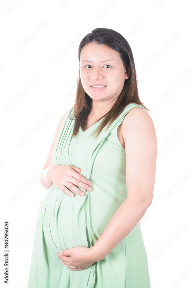 Pregnant woman hugs her belly front of naked paunch eight month Pregnant woman hugs her belly front of naked paunch eight month