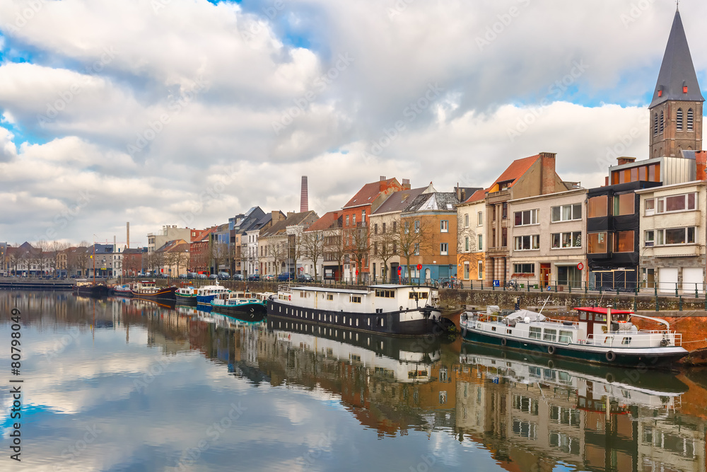 Picturesque embankment of the river Leie in Ghent, Belgium