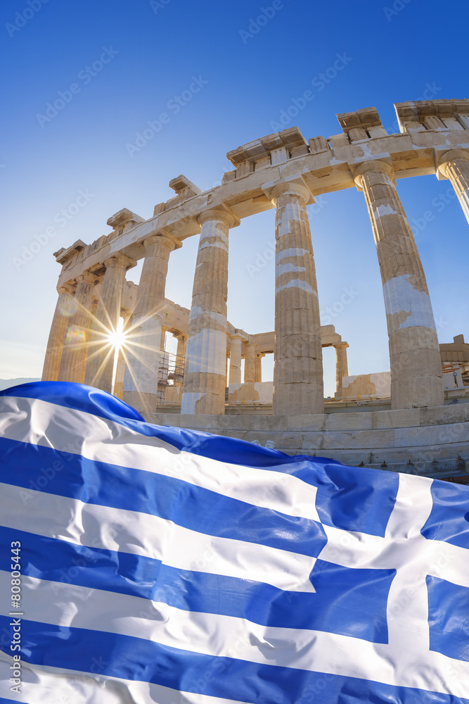 Obraz na plátně Parthenon temple with Greek flag  on Acropolis, Greece
