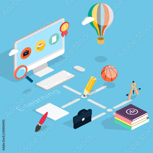 Flat 3d isometric concept of online education.
