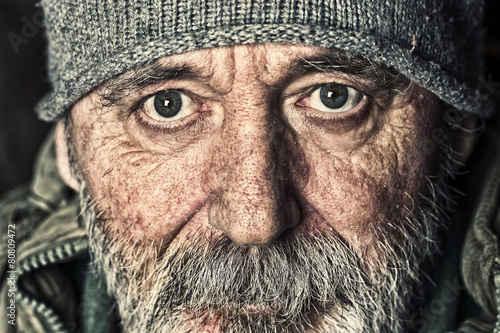 Very old homeless senior man portrait