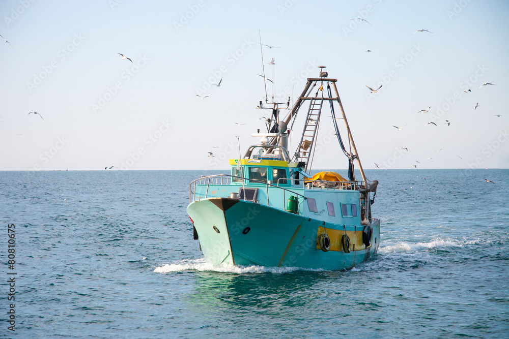 Naklejka premium fishing boat returns home