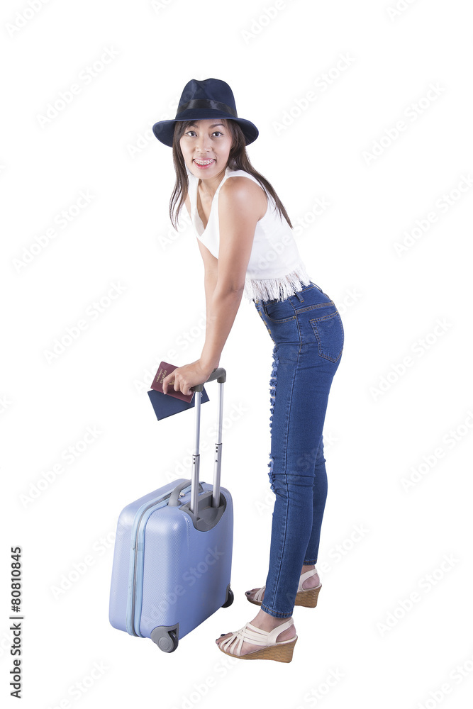 Beautiful women with a passport and guide for trip Beautiful women with a passport and guide for trip