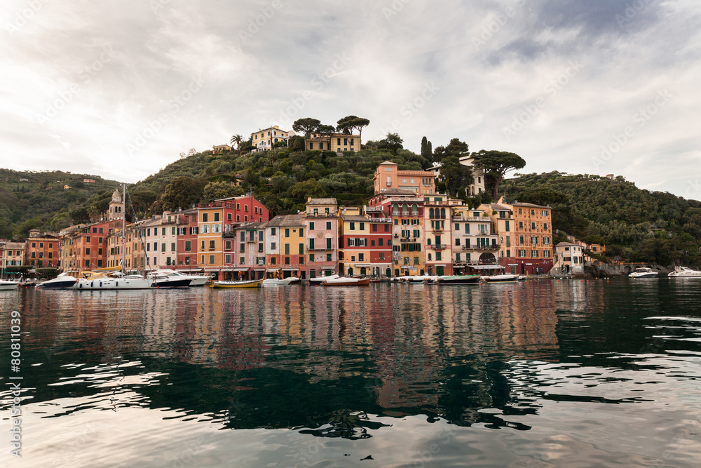 Beautiful Portofino Fishing Village In Italy At Dusk (Liguria, I