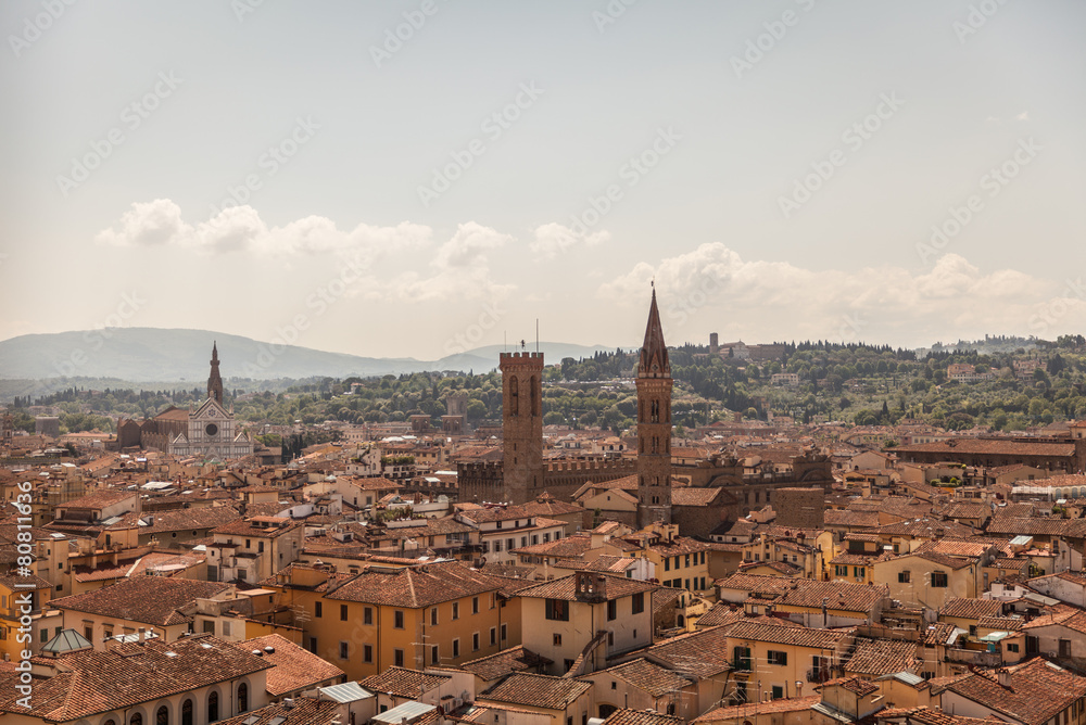 Aerial panorama of Florence Duomo dome and rooftops. Tuscany Ita