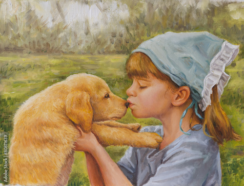on canvas portrait of a little girl and her dog