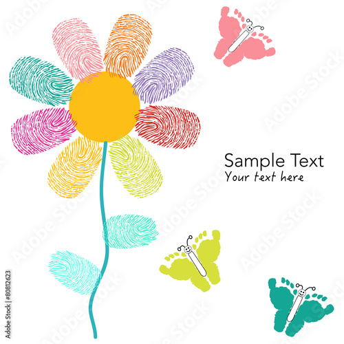 Colorful finger prints flower and foot prints butterfly card
