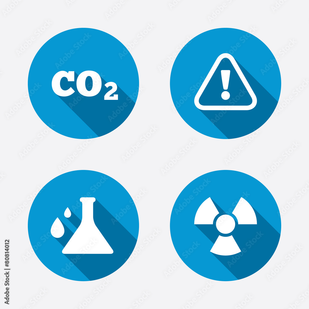 Attention radiation icons. Chemistry flask. Attention radiation icons. Chemistry flask.