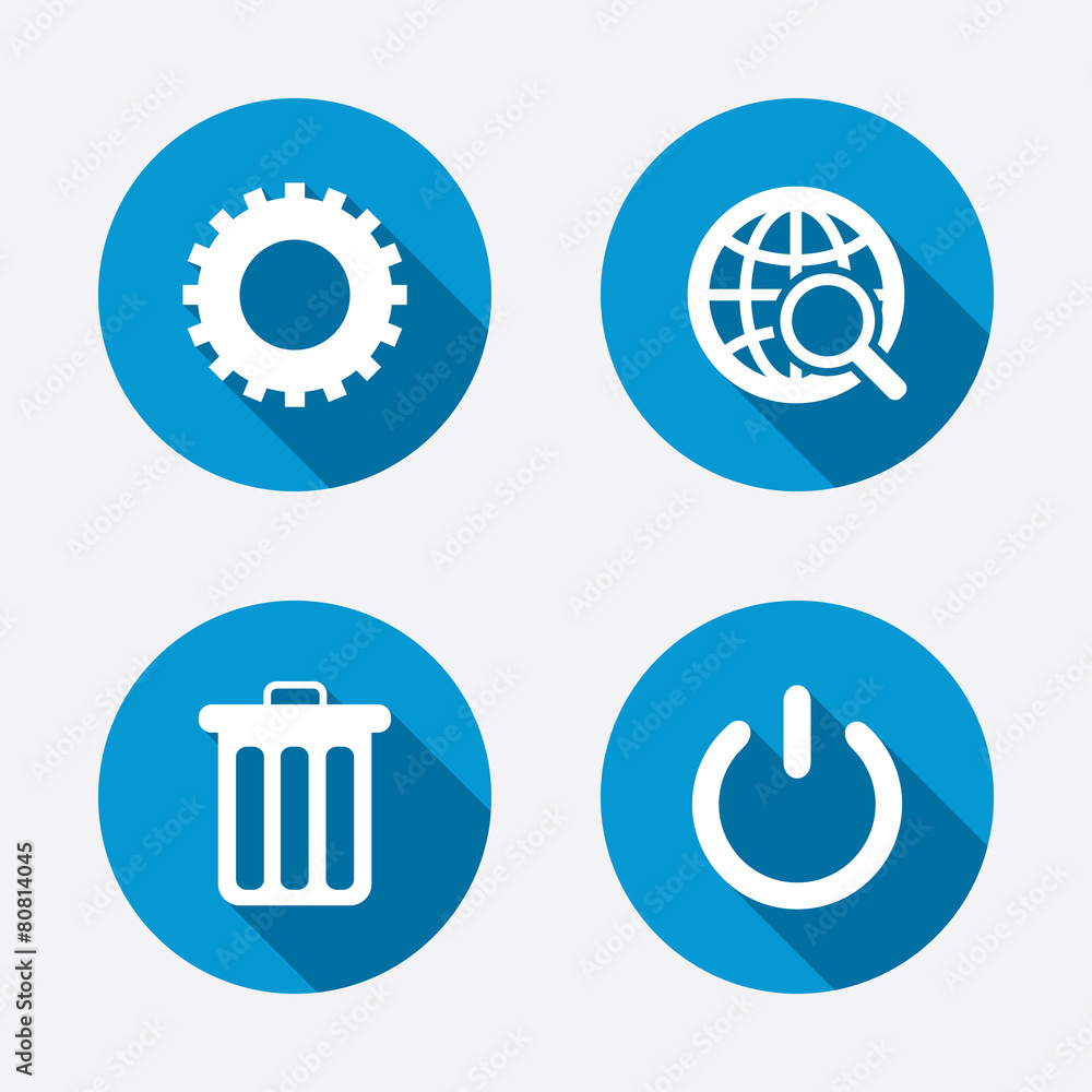 Obraz premium Globe magnifier glass and gear signs.