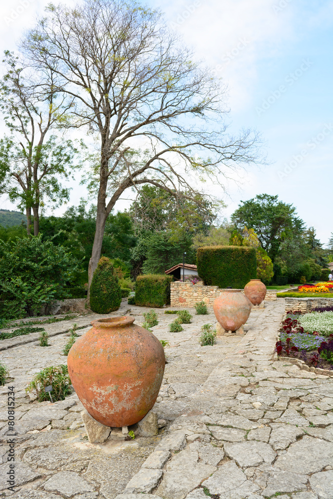 Flowers and pots in the botanical gardens in Balchik town, Bulga Flowers and pots in the botanical gardens in Balchik town, Bulga