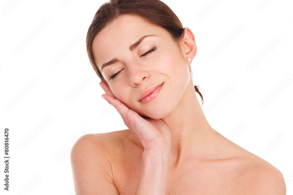 Beauty Portrait. Beautiful Spa Woman Touching her Face. Perfect Beauty Portrait. Beautiful Spa Woman Touching her Face. Perfect