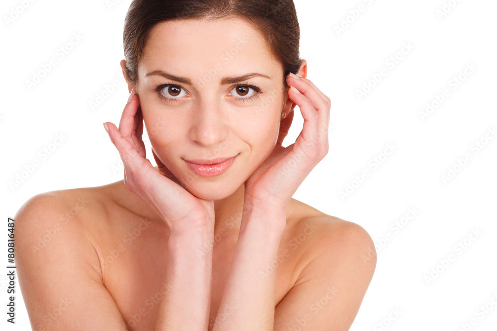 Beauty Portrait. Beautiful Spa Woman Touching her Face. Perfect Beauty Portrait. Beautiful Spa Woman Touching her Face. Perfect
