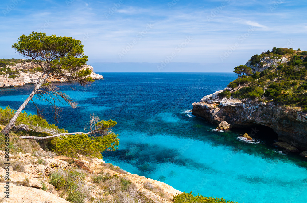 Azure sea water of Cala des Moro beach, Majorca island, Spain