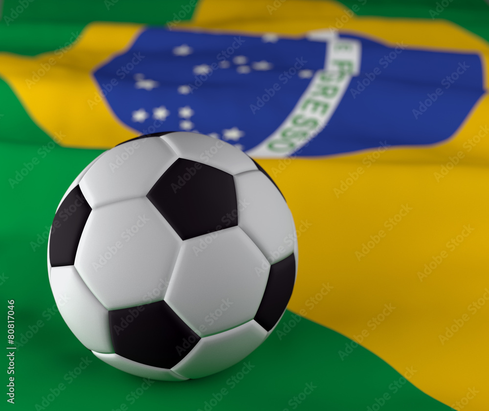 Soccer ball on Brazil blurred corrugated flag 3d illustration