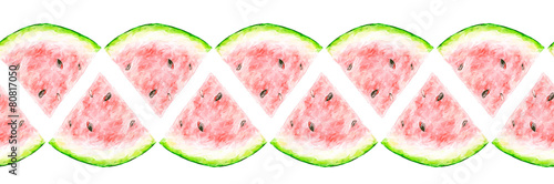 Watercolor drawing of a slice of a watermelon. Seamless border. photo