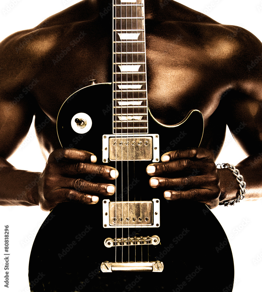 African american shirtless man holding electric guitar Stock Photo ...