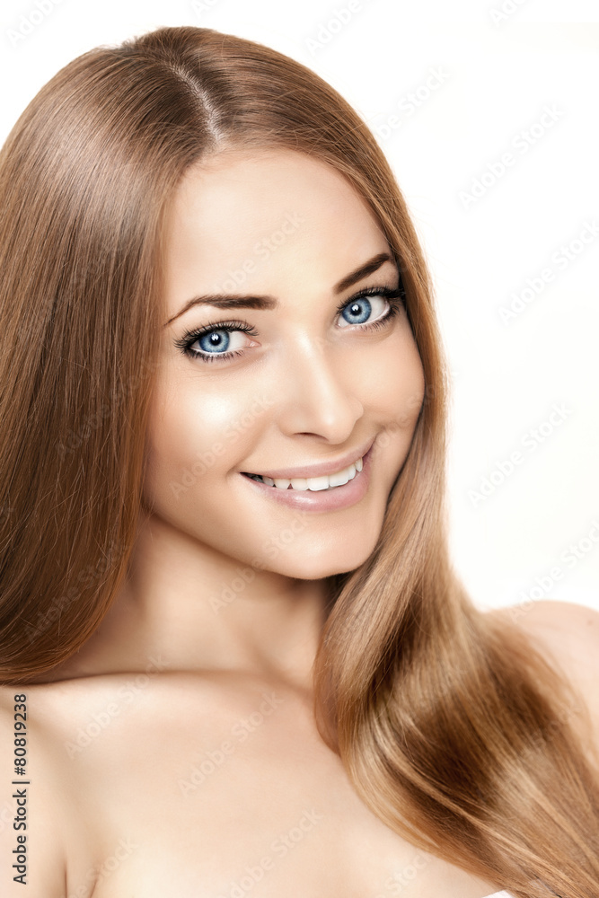 Woman beauty smiling face on white background. Girl close up por Woman beauty smiling face on white background. Girl close up por
