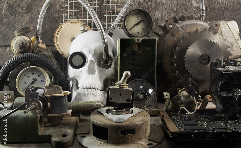 Mechanical skull and parts.