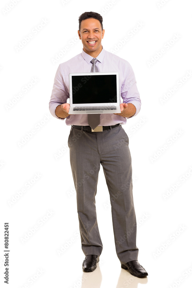 middle aged businessman presenting laptop middle aged businessman presenting laptop