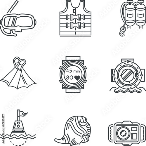Diving black line vector icons