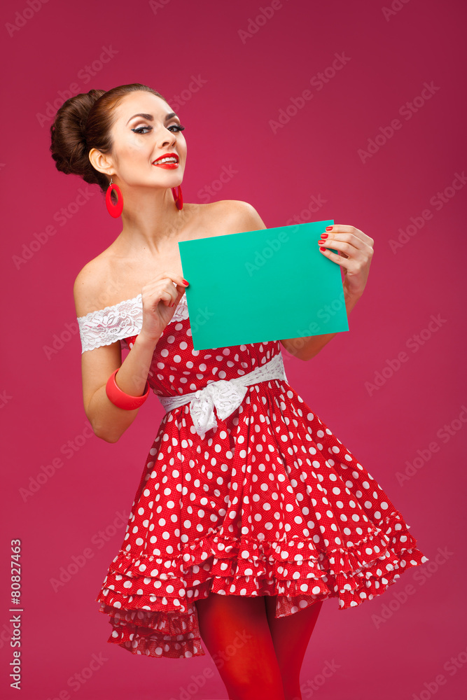 Happy Woman Holding Blank Card. Pin-Up Retro style. Happy Woman Holding Blank Card. Pin-Up Retro style.
