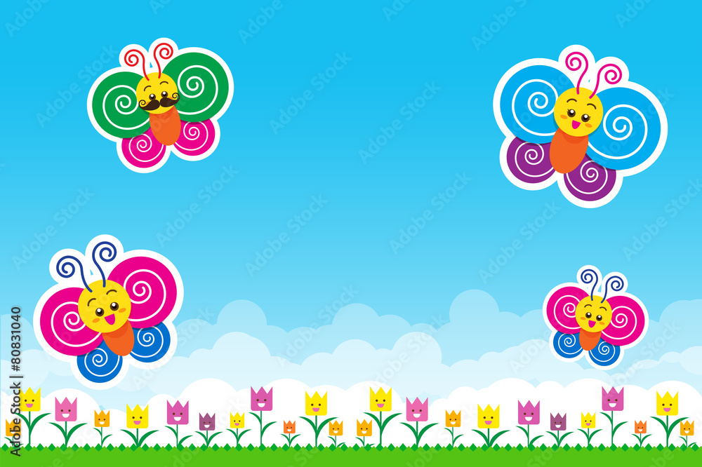Butterfly family Nature background with green grass and smile fl