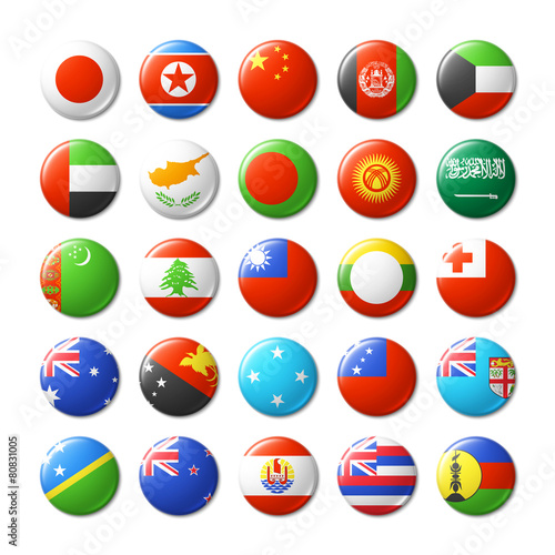World flags round badges, magnets. Asia and Oceania.