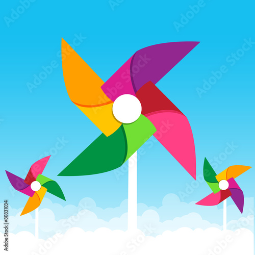 Colorful paper wind turbine on blue sky background vector illust