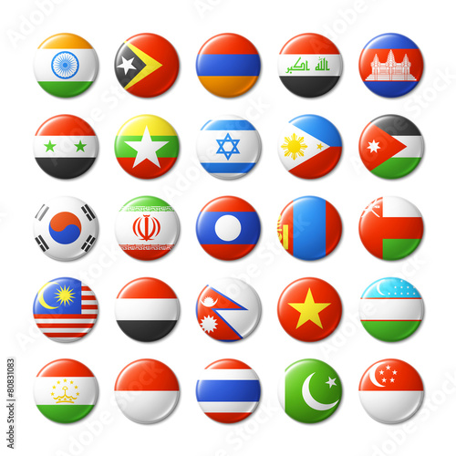 World flags round badges, magnets. Asia.