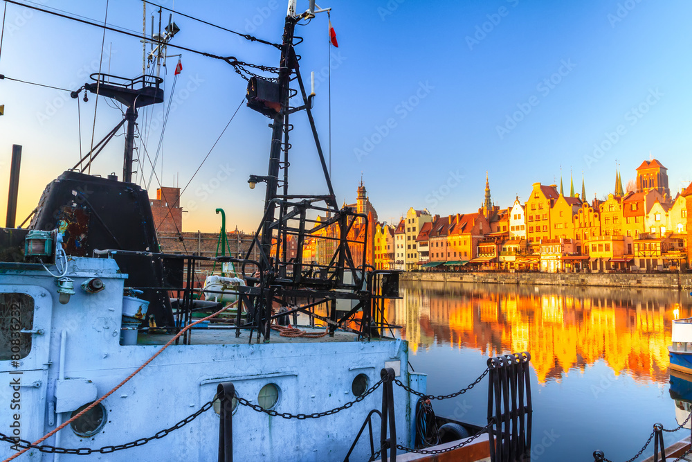 Sunrise morning view on Gdansk old town from embankment