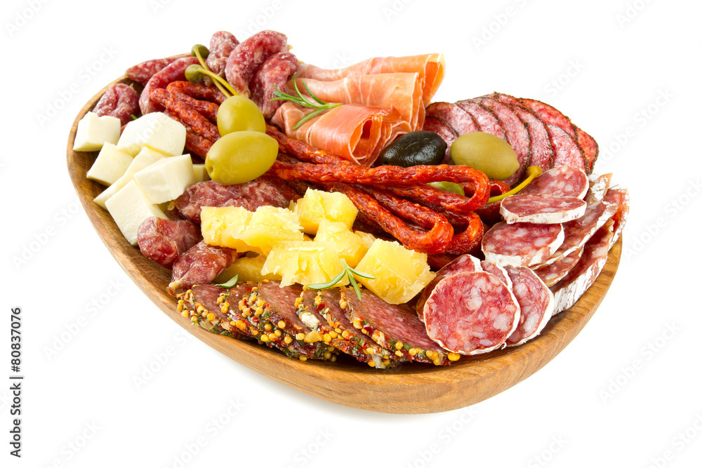Antipasti and catering platter with different meat and cheese pr