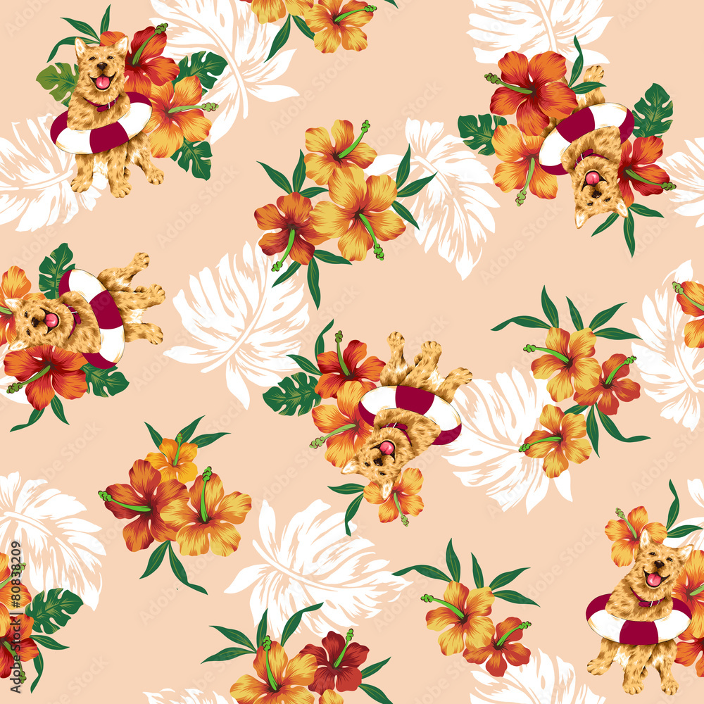 Obraz premium ハイビスカスとイヌ