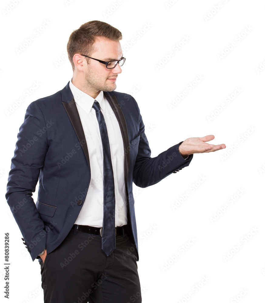 Young businessman take something on his hand, concept isolated Young businessman take something on his hand, concept isolated