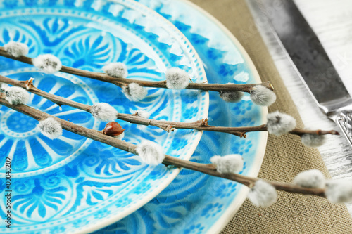 Easter table setting with pussy willow branches