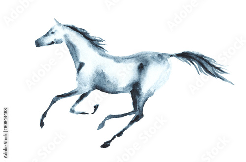Wet watercolor galloping horse. Vector.