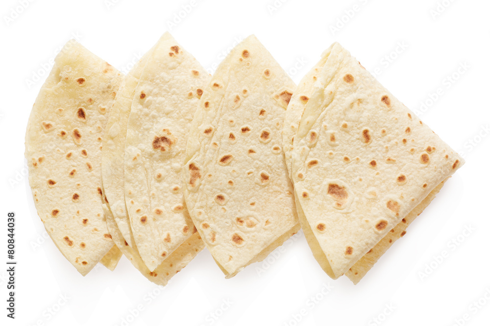 Fototapeta premium Piadina, italian tortilla triangles on white, clipping path