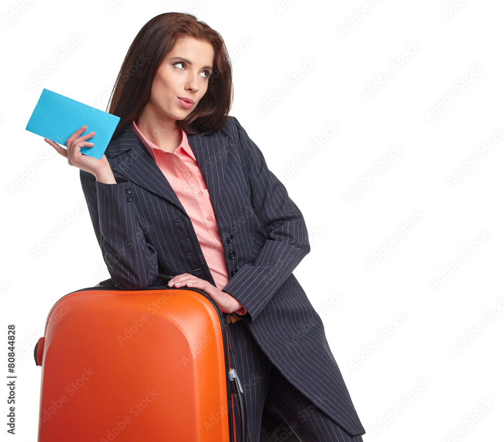businesswoman with a suitcase and a ticket on a white background businesswoman with a suitcase and a ticket on a white background