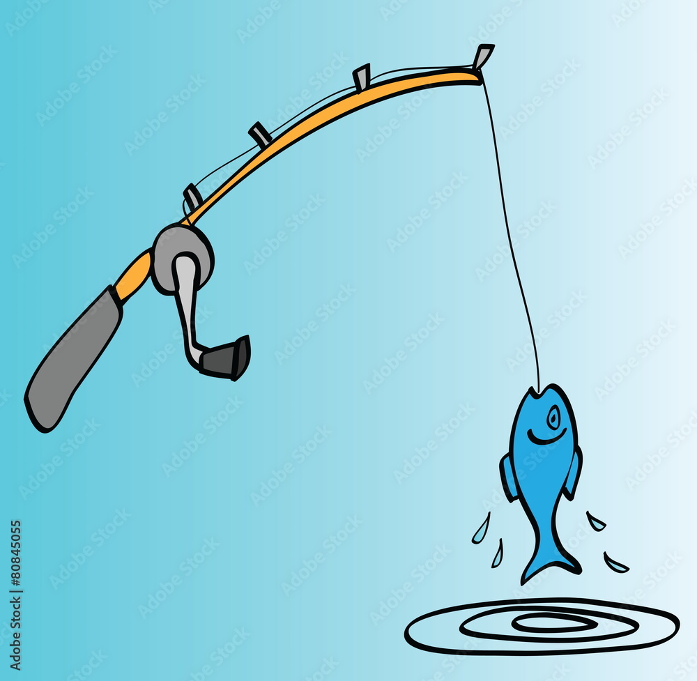 cartoon fishing rod, hooked fish Stock Illustration