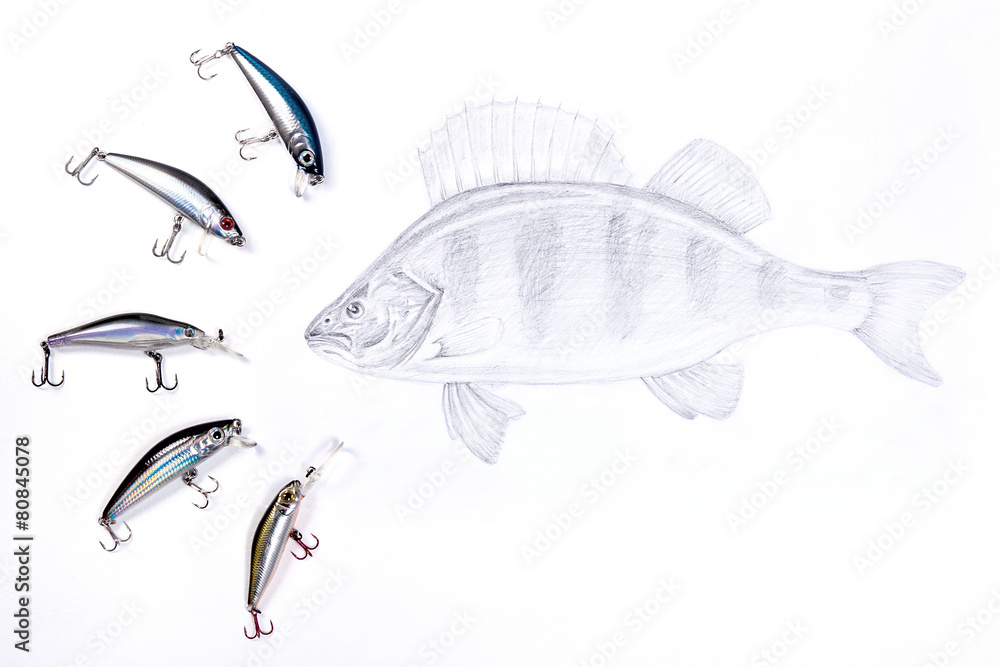 Fishing plastic baits with drawing fish on the white background. Stock  Photo