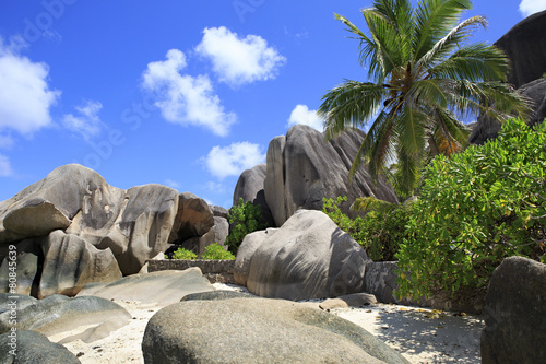 Huge granite boulders on the beach Anse Source DArgent