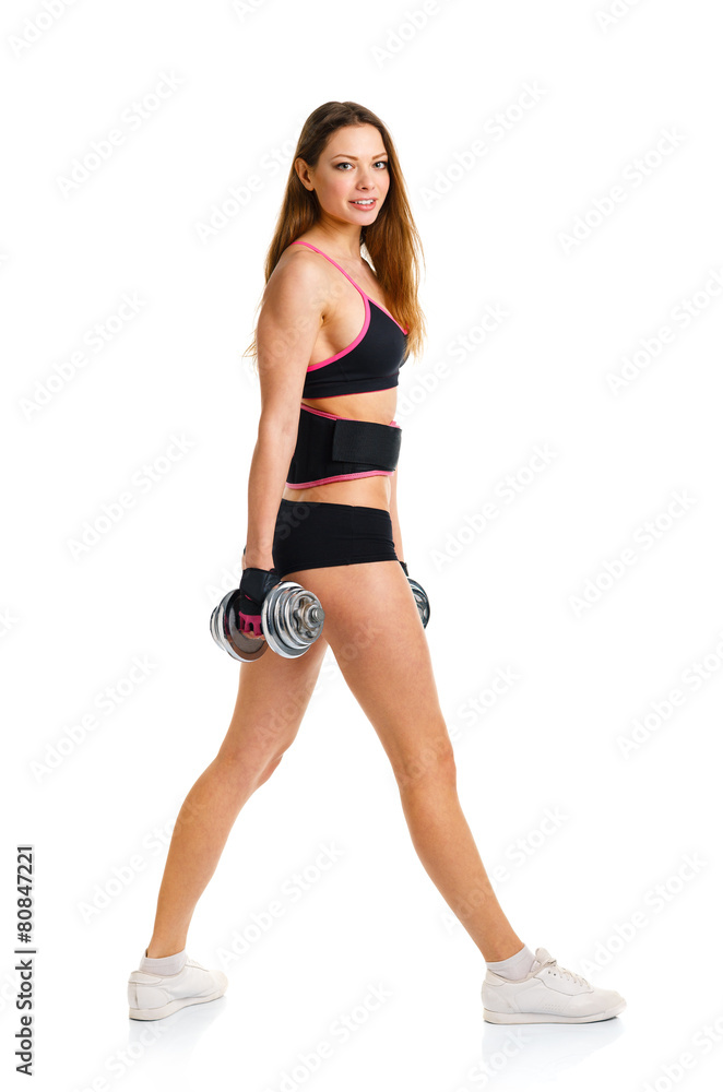 Happy athletic woman with dumbbells doing sport exercise, isolat Happy athletic woman with dumbbells doing sport exercise, isolat
