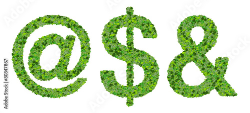 Alphabet signs made from green leaves.